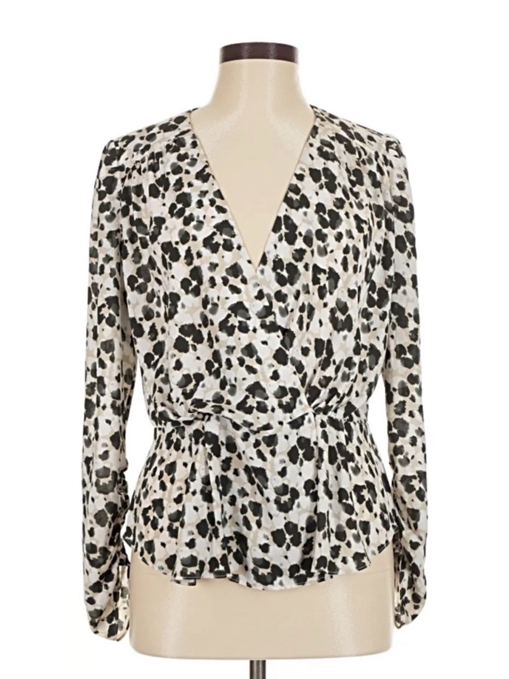 Cabi Leopard Floral Tastemaker Rosette Black & White Animal Print Wrap Top Med